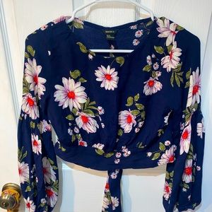 Navy blue floral crop top, tie-able
